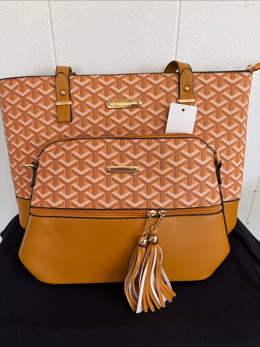 Orange Brown Patterned Tote w/2 Shoulder Straps & Crossbody Bag w/Tassel Accent